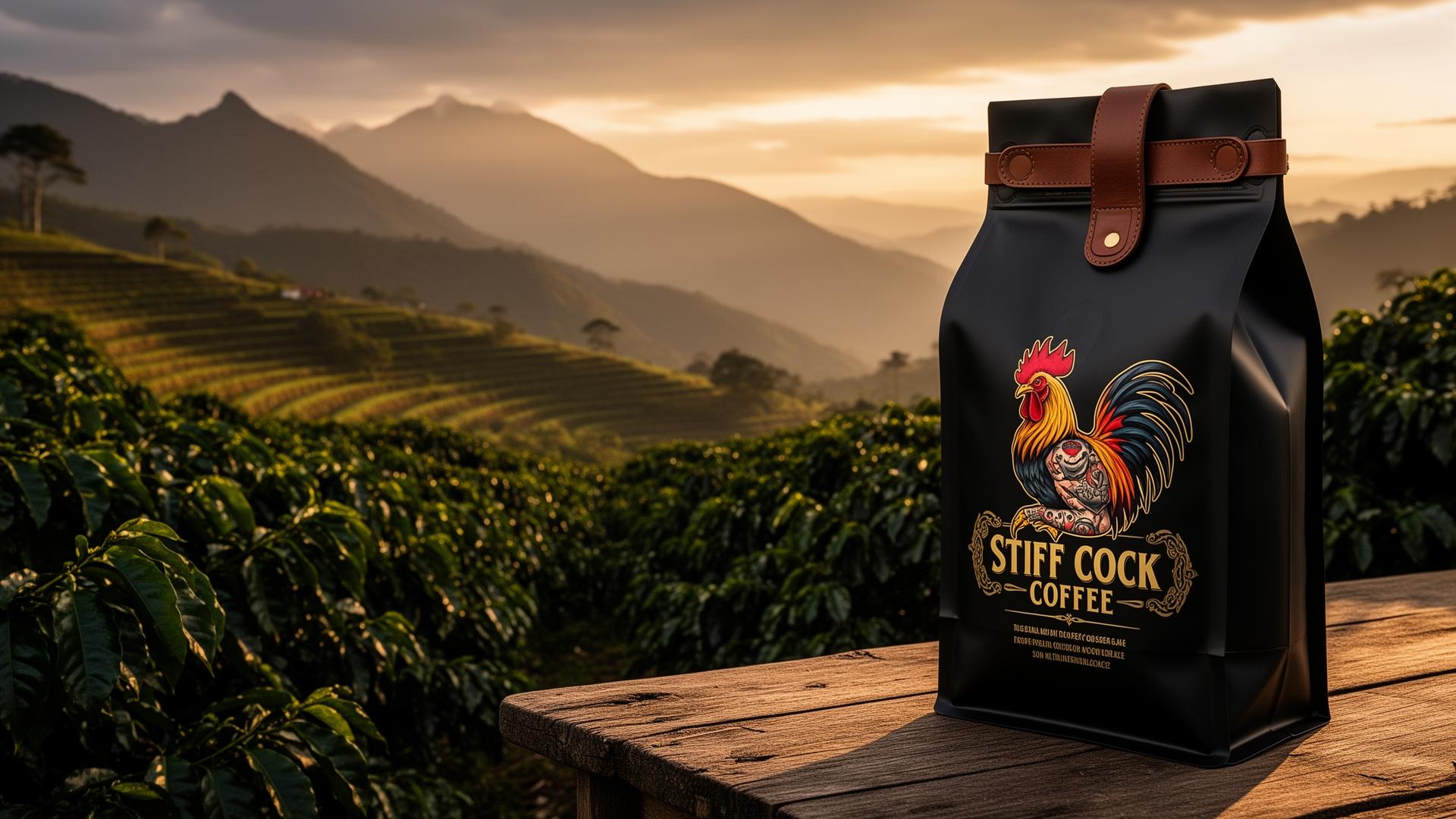 Stiff Cock Coffee bag at a Colombian finca at golden hour