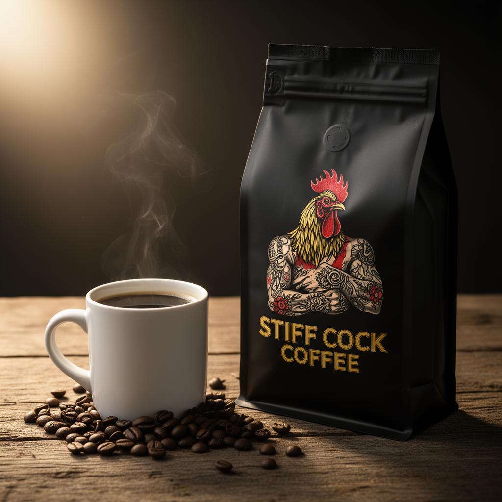 Stiff Cock Coffee bag with a steaming mug of fresh coffee